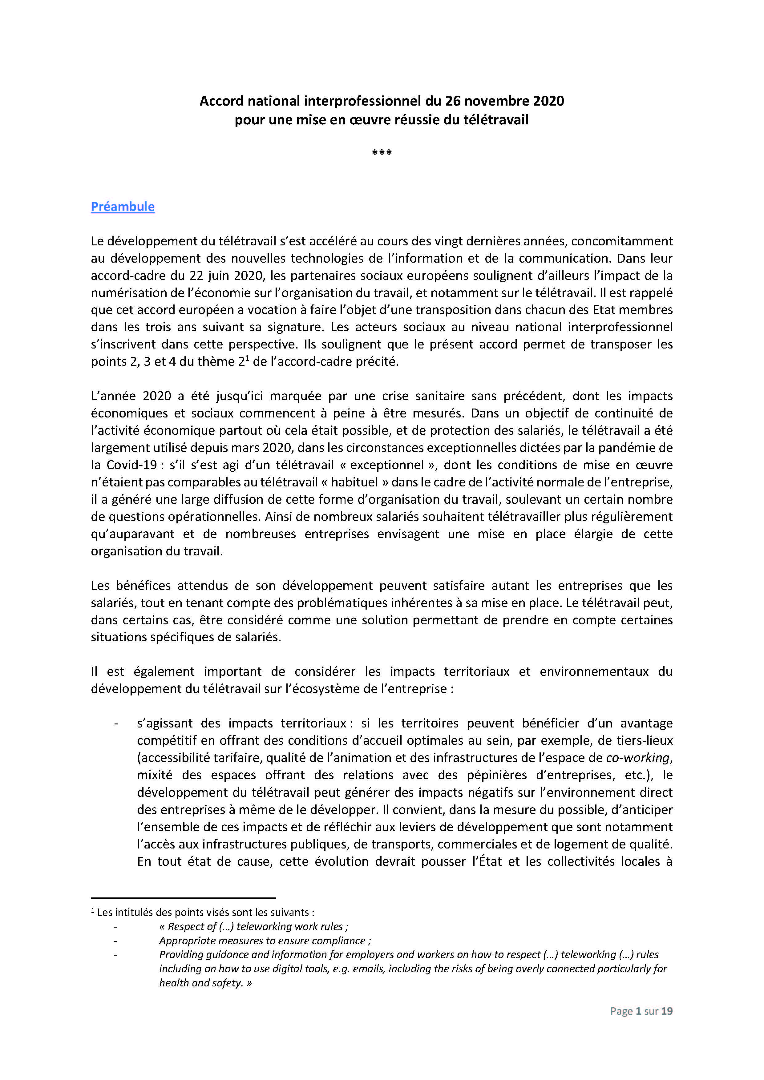 Accord national interprofessionnel du 26 novembre 2020 pour une mise en œuvre réussie du télétravail