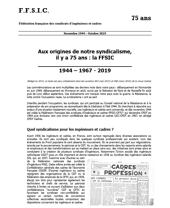 "Aux origines de notre syndicalisme, il y a 75 ans : la FFSIC"