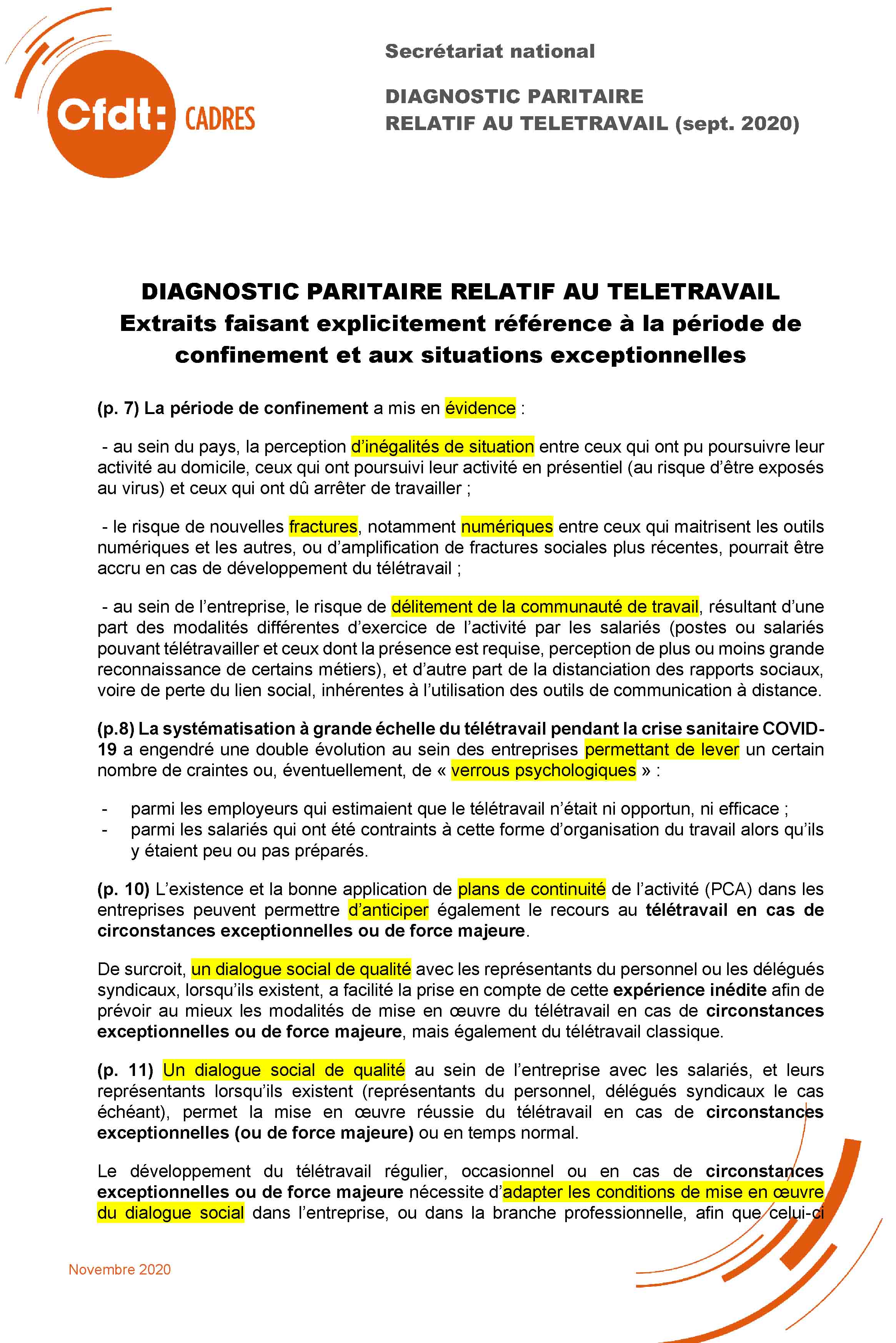 Diagnostic paritaire relatif au télétravail - Septembre 2020 (extraits)-1