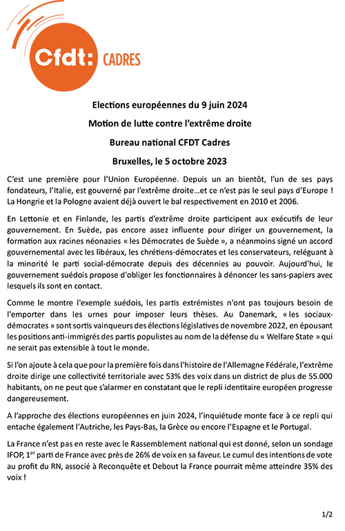  Motion votée · Bureau National CFDT Cadres (Octobre 2023)