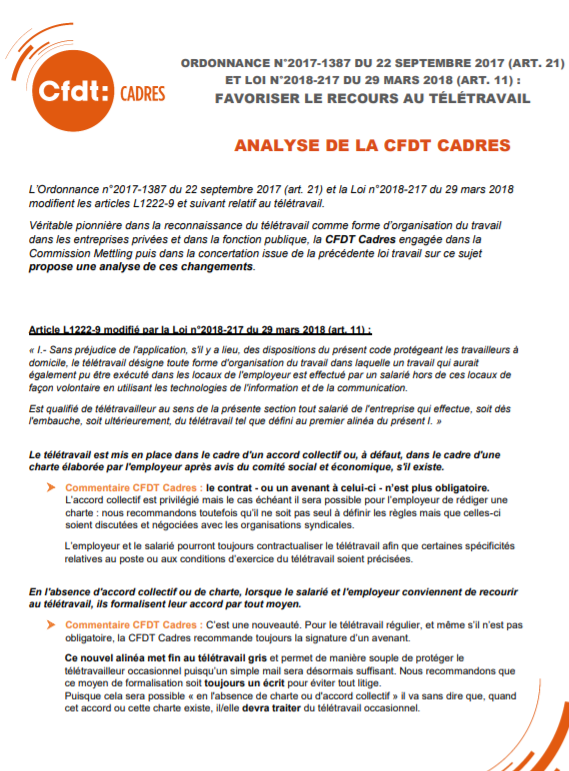 Télétravail et ordonnances : analyse CFDT Cadres